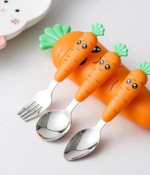 2023 Carrots Set Children Kids Dinnerware Stainless Steel Spoon Fork Flatware With Box