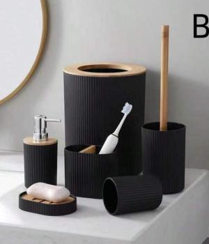 6-Piece Modern Bathroom Accessory Set with Wood Accents in Matte Black and White